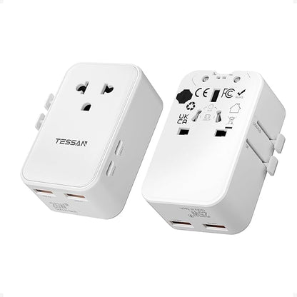 TESSAN Universal Travel Adapter PD 25W, White | International Power Adapter, Ultra Thin, 2 USB A 2 USB C, US to European UK Australia Ireland, Type C G A I