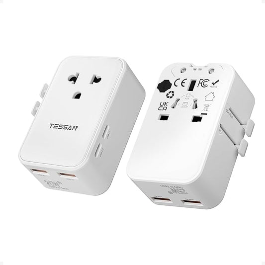 TESSAN Universal Travel Adapter PD 25W, White | International Power Adapter, Ultra Thin, 2 USB A 2 USB C, US to European UK Australia Ireland, Type C G A I