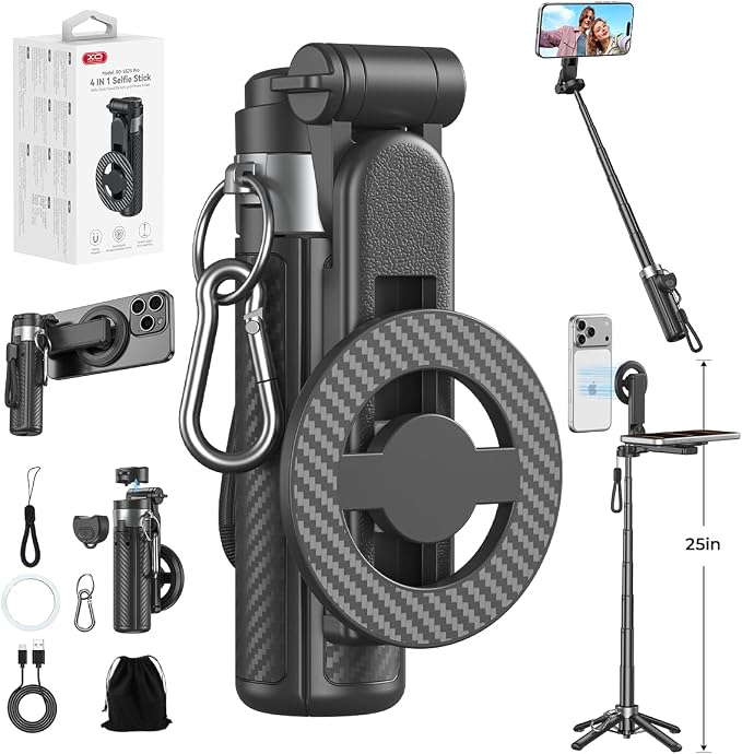 Upgrated 5-in-1 Magnetic Selfie Stick with Remote for Cell Phone 360° Rotation.Can Transforms into Mini Tripod/Camera Grip/Handheld Stabilizer/Phone Stand.Extend to 25 inches
