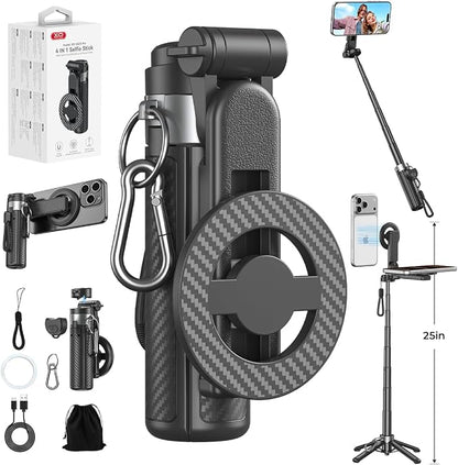 Upgrated 5-in-1 Magnetic Selfie Stick with Remote for Cell Phone 360° Rotation.Can Transforms into Mini Tripod/Camera Grip/Handheld Stabilizer/Phone Stand.Extend to 25 inches