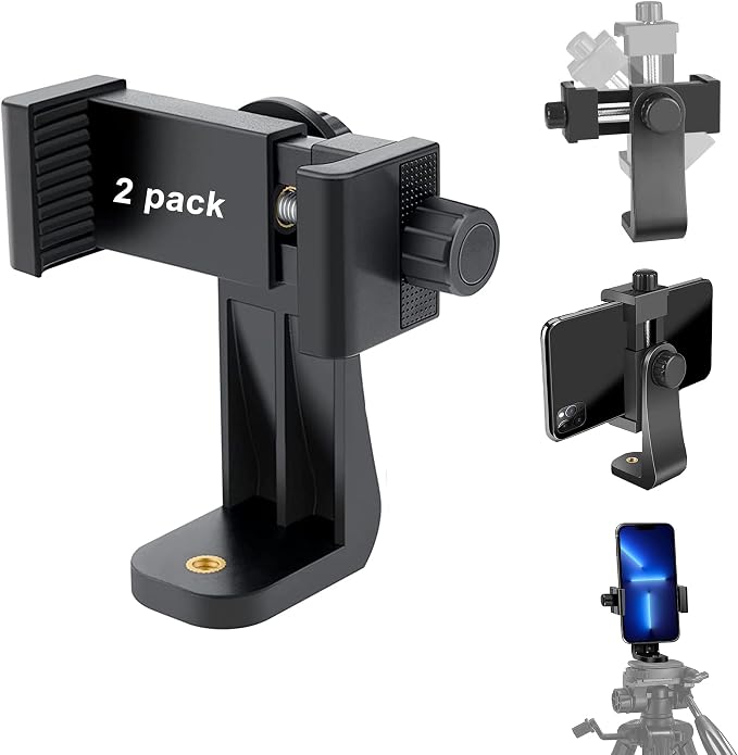Cell Phone Tripod Mount Adapter, Universal Phone Holder Adjustable Clamp, 360 Degree Rotatable Bracket 1/4" Screw Clip for iPhone, Samsumg, Selfie Stick, Monopod (Black-2 Pack)