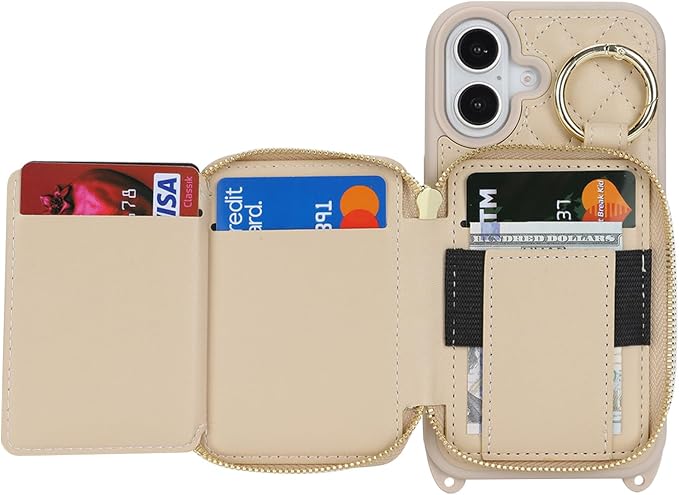 Crossbody Wallet Case for iPhone 17, PU Leather Zipper Handbag Purse Flip Cover, Kickstand Folio Case with Card Slots Holder Wrist Strap Lanyard 5G 6.3 Inch-White