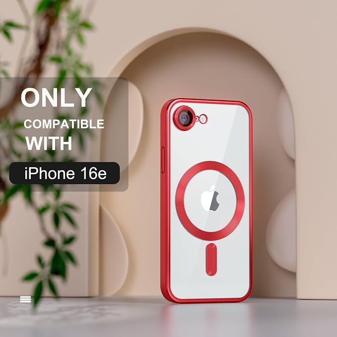 Misea Magnetic for iPhone 17e / 16e Case Compatible with MagSafe [Never Yellowing] [Military Grade Drop Protection] Full Camera Lens Protector Plating Soft Clear Phone Case for Women 6.1 inch, Red