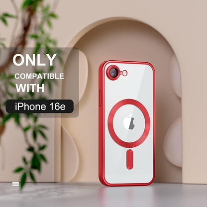 Misea Magnetic for iPhone 17e / 16e Case Compatible with MagSafe [Never Yellowing] [Military Grade Drop Protection] Full Camera Lens Protector Plating Soft Clear Phone Case for Women 6.1 inch, Red
