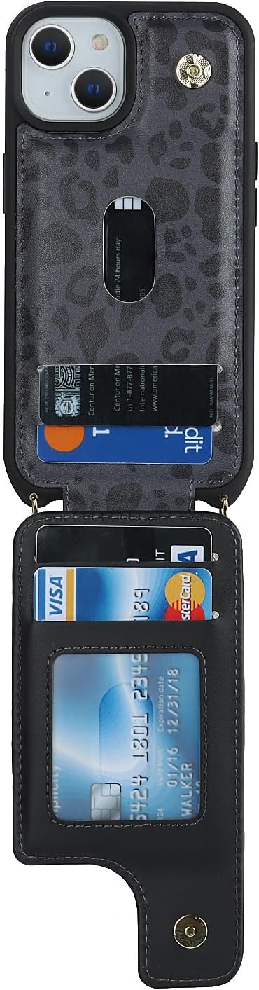Lipvina for iPhone 14 Plus Case with Card Holder and Strap for Women,Crossbody Lanyard,RFID Blocking,Stand Ring Kickstand,Snap Clasp,Cute Phone Wallet Cases 6.7 inch - Black Leopard