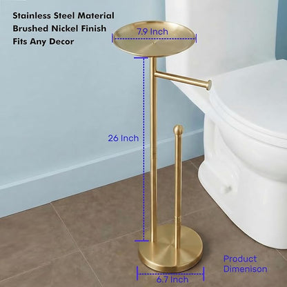 Gold Toilet Paper Holder with Shelf, Freestanding Toilet Paper Holder Stand with Storage for Holding Extra 4 Toilet Paper Rolls, Heavy Base No Tipping Over (Stainless Steel, Gold)