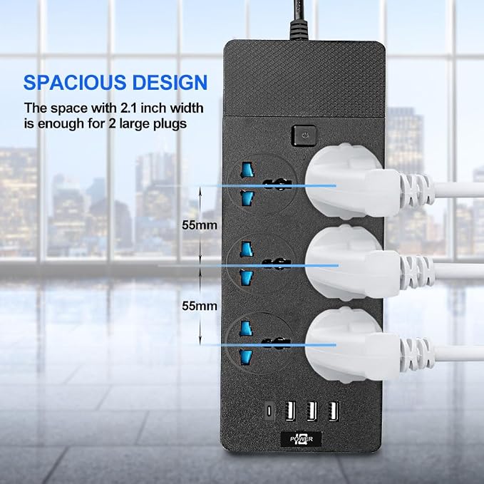 Universal Power Strip with 6 Oulets, 3 USB and 1 Type C, 6.5ft Extension Cord 3000W Universal Power Strip Surge Protector 110V-250V Extension Lead for Home Office Dorm Room (Black)