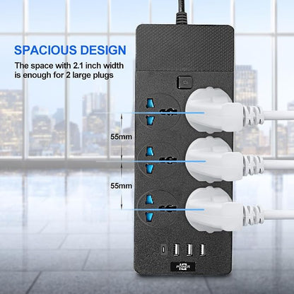 Universal Power Strip with 6 Oulets, 3 USB and 1 Type C, 6.5ft Extension Cord 3000W Universal Power Strip Surge Protector 110V-250V Extension Lead for Home Office Dorm Room (Black)