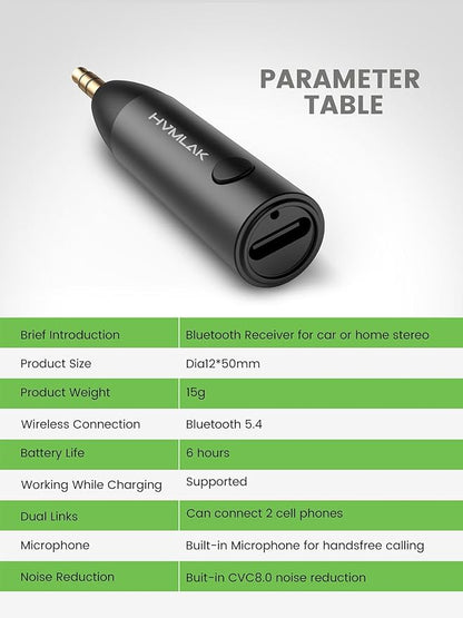 Bluetooth 5.4 Car Aux Adapter with Enhanced Microphone, 3.5mm Jack for Car Home Stereo, USB-C Charging, Sturdy Case, 1 Piece