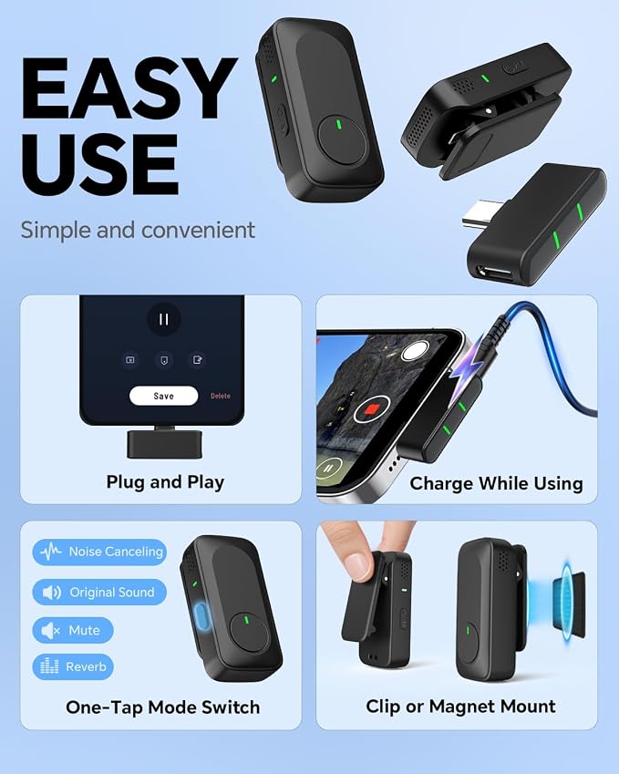 Wireless Lavalier Microphone for iPhone/Android Phone/Laptop/PC, Mini Lapel Mic with 50H Battery Life Charging Case, 100FT Range and Noise Reduction, for Video Recording, Streaming, TikTok