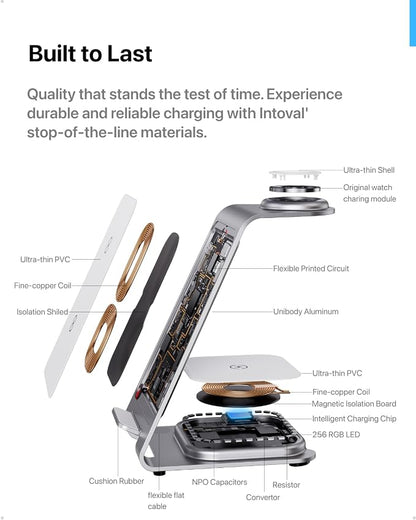 Intoval Aluminum 3 in 1 Wireless Charging Station for iPhone 17 16 15 14 13 12 11 Pro Max XR, Wireless Charger for Apple Watch 11 10 9 8 7 Ultra SE 3 2, Phone Charger for AirPods 4 Pro 2 3 (Silver)