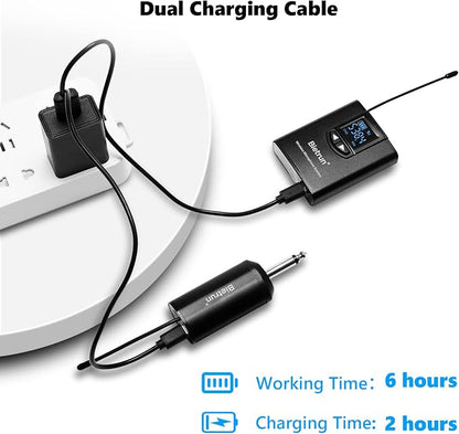 Bietrun UHF Wireless Lavalier Lapel Microphone System/Headset Mic/Stand Mic, 165ft Range, Rechargeable Transmitter Receiver, 1/4" Output, for iPhone,Android,PA Speaker,DSLR Camera,YouTube, Recording