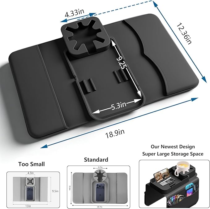 Silicone Couch Cup Holder for Tablet & Phone Stand, Sofa Arm Tray Organizer with Dual Side Pockets for Remotes Snacks Headphones & Glasses Drinks Anti-Slip & Heat Resistant Sofa Caddy (Black)