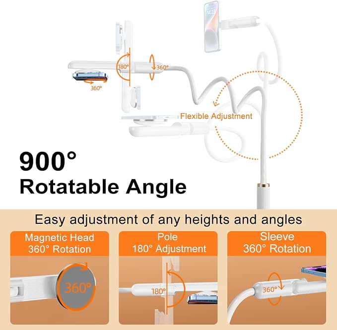 Magnetic Gooseneck Phone Holder for Bed, Flexible Long Arm Cell Phone Stand with Clamp Mount, 900° Rotation Overhead Phone Mount for Bedside, Headboard,Desk, Compatible with iPhone 17 Pro Max
