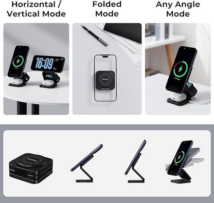 KU XIU X55 Turbo Qi2.2 25W 3-in-1 Charging Station for Apple Device, Foldable Magnetic Charger for iPhone 17/16, 5W for Apple Watch & AirPods, Fast Travel Wireless Charging Stand with 45W Adapter