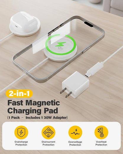 25W Magnetic Wireless Charger, 10FT Fast Charging Pad Qi2.2 Wireless Charge for iPhone 17 16 /AirPods3/2/Pro/for Galaxy S26 Ultra/Pixel 10 Series, Portable Charger for Desk& Travel(1Pack,White)