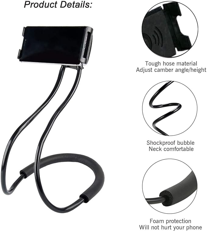 Cell Phone Stand Hanging on Neck Upgraded, Hands-Free Mobile Phone Holder Clip on Bed/Table 360° Rotation iPhone Tablet Mount Bracket, 27.6''/70 cm Length for 4.7''-6.7'' Screen