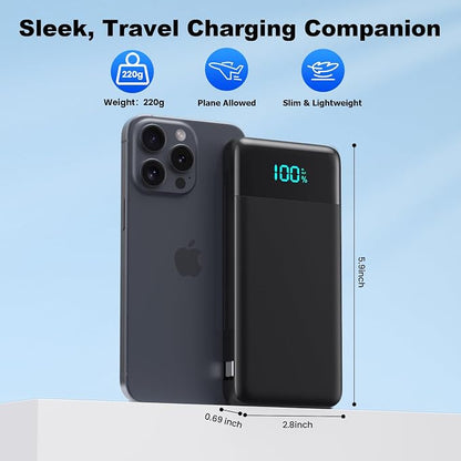 Portable Charger for iPhone,13800mAh Slim Power Bank with Built-in Cables & AC Wall Plug,All in One 4 Outputs USB C Fast Charging Battery Pack Powerbank for iPhone 17/16/15/14,Android,Travel Essential