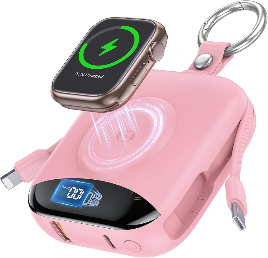 Portable Charger, 10000mAh 22.5W Fast Charging Power Bank with Built-in Cables, Travel Essentials Battery Pack with LED Display for iPhone, Portable iWatch Charger for 11/10/9/8/7/6/5/4/SE/Ultra Pink
