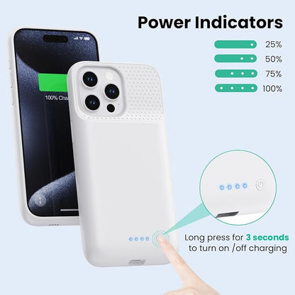 Battery Case for iPhone 15Pro Max, Upgrade 8600mah Portable Slim Battery Charging Case, 15W Fast Charging Rechargeable Protective Extended Charger Cover for iPhone 15 Pro Max (6.7 inch) (White)