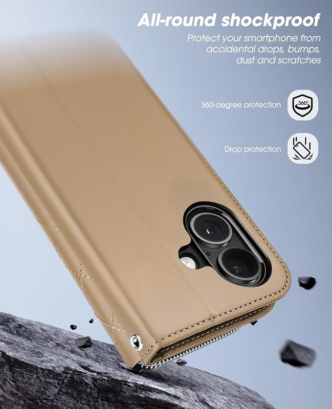 OCASE for iPhone 17 Crossbody Wallet Case - Stylish PU Leather Handbag Phone Purse with Zipper Closure, Card Slots & RFID Blocking - Wrist Strap, Lanyard, Kickstand - Diamond Check Khaki