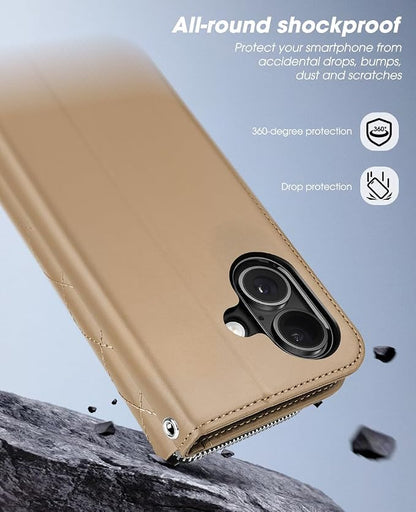 OCASE for iPhone 17 Crossbody Wallet Case - Stylish PU Leather Handbag Phone Purse with Zipper Closure, Card Slots & RFID Blocking - Wrist Strap, Lanyard, Kickstand - Diamond Check Khaki