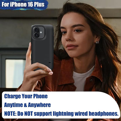 Battery Case for iPhone 16 Plus, 6000mAh Rechargeable Extended Battery Charging/Charger Case, Add 100% Extra Juice (6.7 Inches) Black