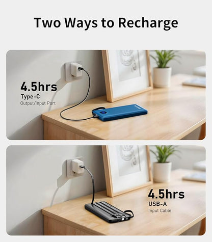 Portable Charger with Built in Cables, Slim 10000mAh Power Bank, USB C Battery Pack Travel, 4 Output 2 Input External Charging Bank for iPhone 17/16/15/14/13,Samsung, Android, etc-Black&Blue(2 Pack)