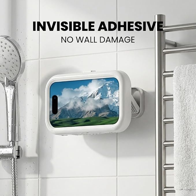 Waterproof Shower Phone Holder: 360° Rotatable Adjustable Bathroom Mobile Stand - Bathroom Wall Phone Mount Stand Anti Fog for Kitchen, Bath - Accessories for 4-7" Cellphones (White)