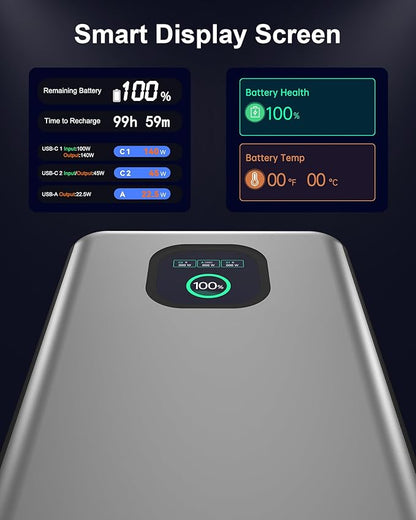 140W Power Bank, 25000mAh Laptop Portable Charger with Smart Digital Display, PD3.1 Fast Charging Battery Pack for MacBook Dell XPS iPad Tablet Steam Deck iPhone 16/15 Series Samsung Switch, Silver