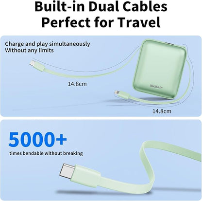 Hichain Portable Charger with Dual Built-in Cables 10000mAh Small Power Bank 22.5W Fast Charging Mini Powerbank LED Display Travel Essential Battery Pack for iPhone 17 16 15 14 13 All Series Green