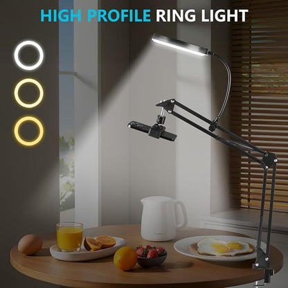 6" LED Ring Light for Desk, Overhead Camera Mount with Ring Light and Phone Holder, Overhead Phone Mount Arm Stand Studio Lights for Photography, Video Recording, Live Stream