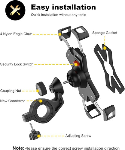 New Bike Phone Mount with Stainless Steel Clamp Arms Anti Shake and Stable 360° Rotation Bike Accessories/Bike Phone Holder for Any Smartphones GPS Other Devices Between 4 and 7 inches