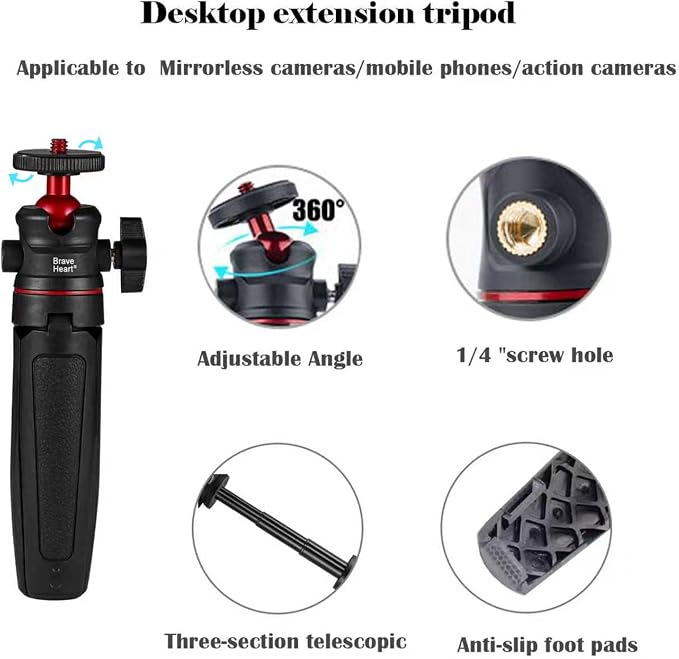 Mini Tripod Selfie Stick with 1/4" Screw Mount for iPhone for Insta 360 X5, Compact Lightweight Portable Tabletop Tripod for DJI OSMO Pocket 3 Sony Canon Nikon Cameras,Handheld Video Filming Support