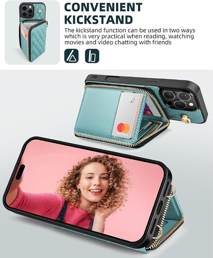 OCASE Compatible with iPhone 16 Pro Crossbody Wallet Case with Card Holder, PU Leather Zipper Handbag Phone Purse with RFID Blocking Kickstand Wrist Strap Lanyard 6.3 Inch, Diamond Check Green