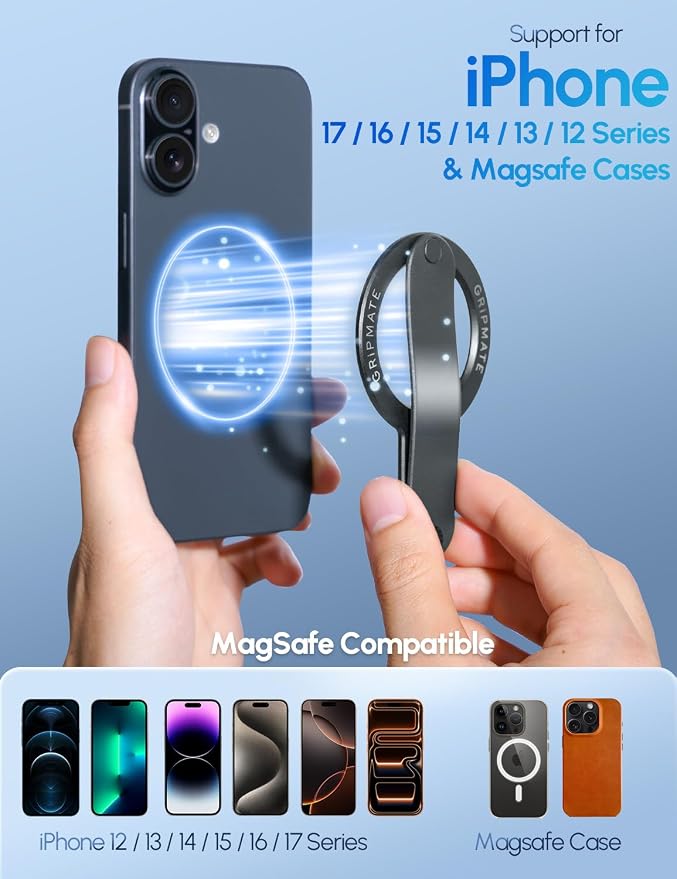 for MagSafe Phone Grip for iPhone - Magnetic Phone Ring Holder Detachable for iPhone 17 - Comfortable Finger Phone Ring Grip for Apple 16/15/14/13/12,Black