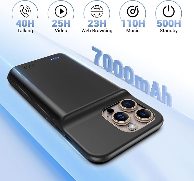 Battery Case for iPhone 16 Pro Max, Ultra-Slim 7000mAh Portable Extended Charging Charger Case [2026 Upgraded] w/Tempered Glass Film for iPhone 16 Pro Max-6.9 inch,Black