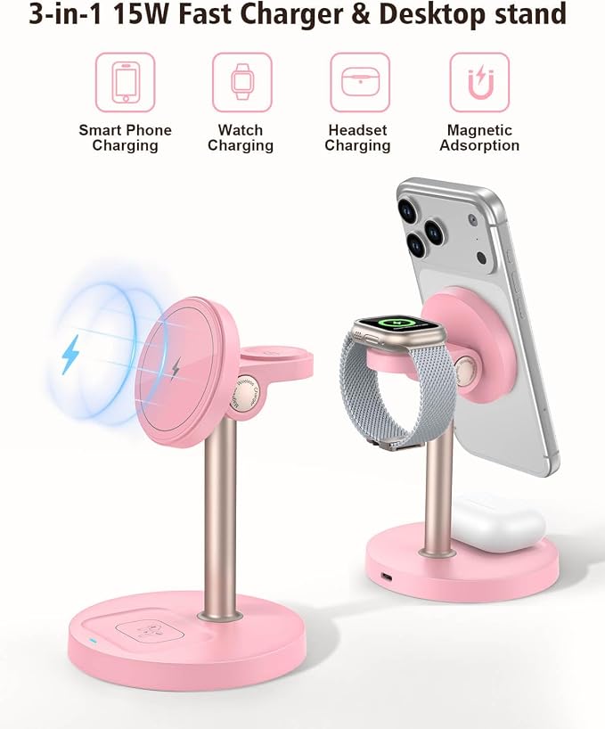 3 in 1 Magnetic Wireless Charging Station, 15W Fast Charger Stand for iPhone, Phone Charger Stand for Desk Nightstand, for iPhone 17/16/15/14/13/12, Apple Watch & AirPods, Adapter Not Included -Pink