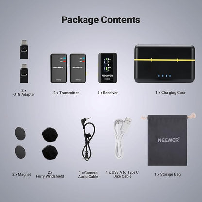 NEEWER CM28 (1 RX + 2 TX + Charging Case), Wireless Lavalier Microphone, Smart Noise Cancelling, 48KHz/16Bit 9 Hrs Uncompressed Recording, 656ft/200m Range, Lav Mic for iPhone, Android, Camera