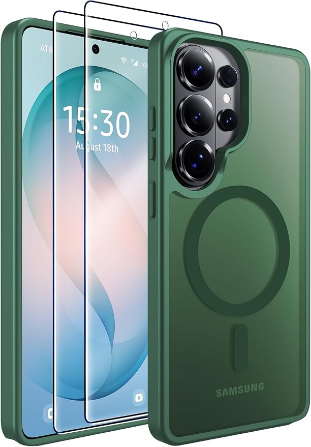 MOZOTER for Samsung Galaxy S26 Ultra Case with Magnetic,[Compatible with MagSafe][12Ft Military Dropproof][2*Screen Protector] Translucent Anti-Slip Back Slim Shockproof Case for S26 Ultra-Green | [12Ft Military Dropproof][2*Screen Protector]Translucen...