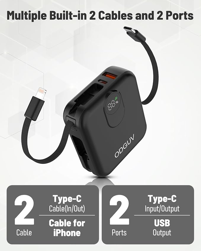 Small Portable Charger with Built-in Cables,22.5W Fast Charging Power Bank,USB-C Mini Battery Pack 10000mAh,Travel Essential Powerbank for iPhone Samsung Android iPad MacBook,Black