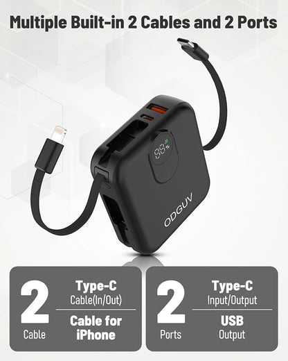 Small Portable Charger with Built-in Cables,22.5W Fast Charging Power Bank,USB-C Mini Battery Pack 10000mAh,Travel Essential Powerbank for iPhone Samsung Android iPad MacBook,Black