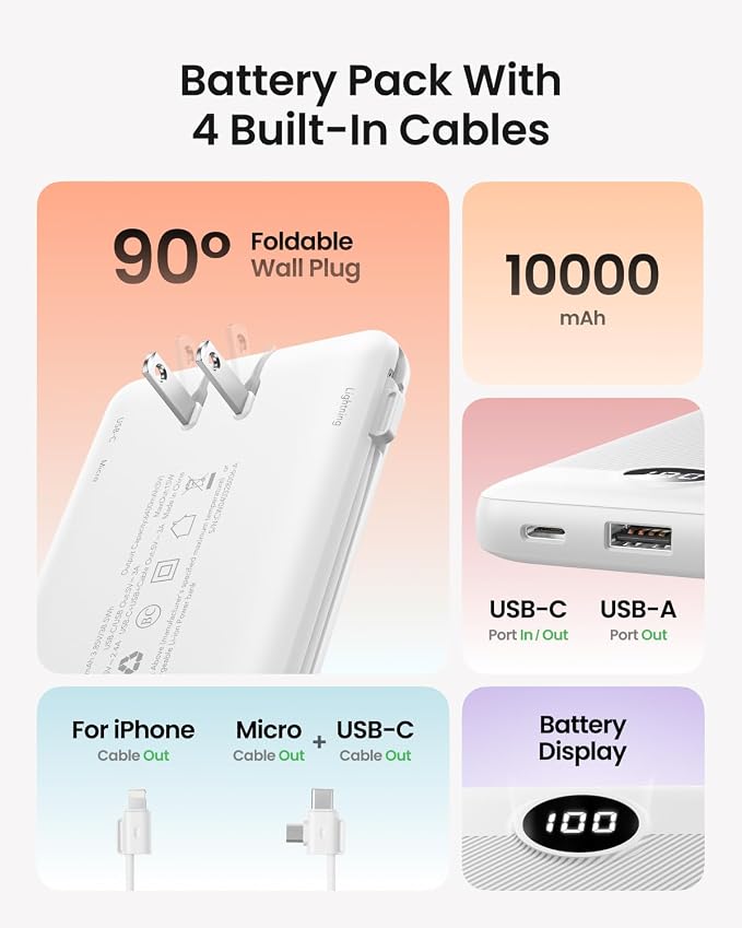 Portable Charger with Wall Plug, Slim USB C Power Bank with Built-in Cables, 10000mah LED Display External Battery Pack Compatible with iPhone/Android & More(White)