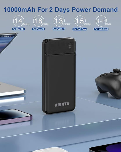 Power Bank Portable Charger 10000mAh, Battery Pack Ultra Slim with USB-C Input/Output, Compatible for Smartphones & Tablets, Gifts for Men Women. (Black)