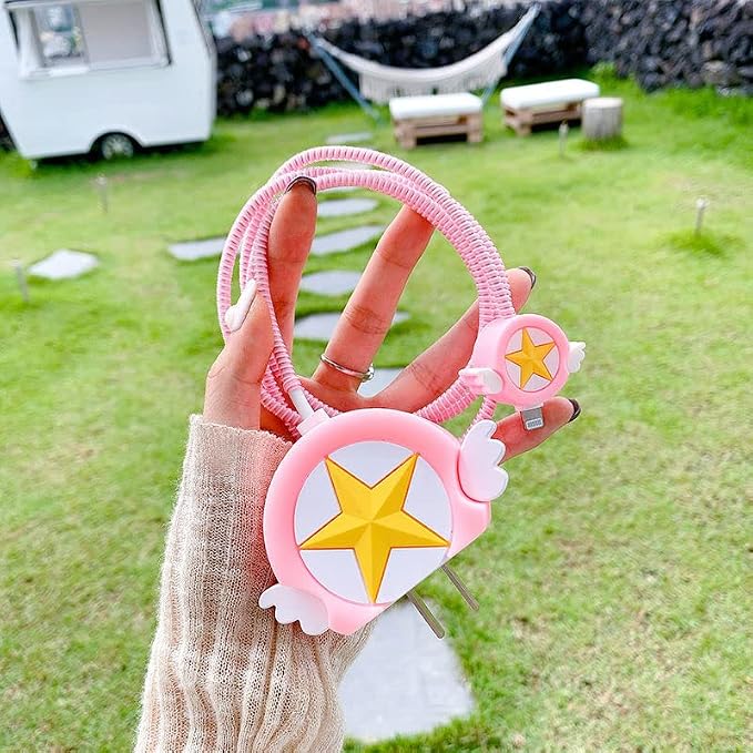AUGEN Polyvinyl Chloride Cartoon 3D Design Protective Case for 20W iPhone USB-C Power Adapter Charger, Cute Cartoon Lightning Data Cable Case for iPhone Charger (Pink Star, Pack of 1)