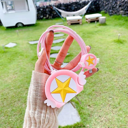 AUGEN Polyvinyl Chloride Cartoon 3D Design Protective Case for 20W iPhone USB-C Power Adapter Charger, Cute Cartoon Lightning Data Cable Case for iPhone Charger (Pink Star, Pack of 1)