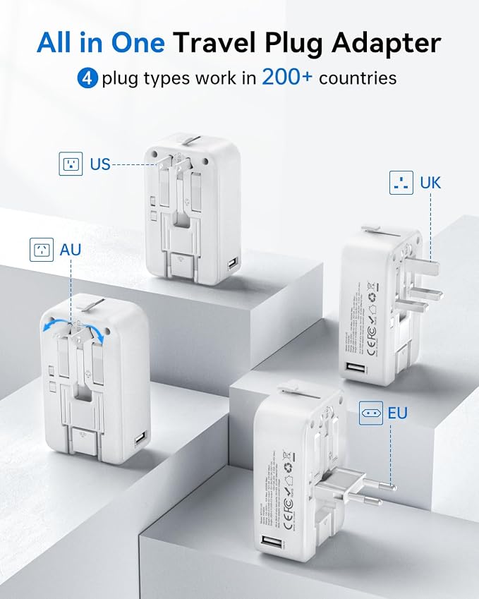 DOACE Pico 45W Travel Adapter, 5-Port Universal Power Adapter 1 AC, 2 USB C and 2 USB-A, International Plug Adaptor Worldwide for US to European UK Italy Spain New Zealand Over 200 Countries