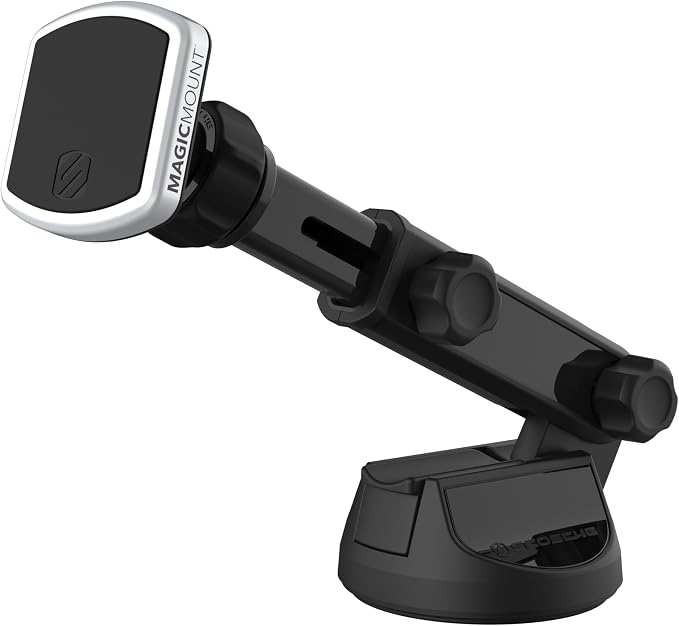 Scosche MPWDEX2-XTSP MagicMount Pro Extendo Magnetic Phone Holder Suction Cup Phone Mount for Car, Extended Arm for 360 Viewing Angle, Black/Silver