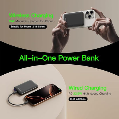 Ouotoo Ultra-Thin Magnetic Power Bank 5000mAh, 15W Qi Fast Wireless Charging Portable Battery Pack, 20W USB-C PD Magsafe Compatible for iPhone 17 16 15 14 13 12, LED Display/Portable/Travel/Pocket