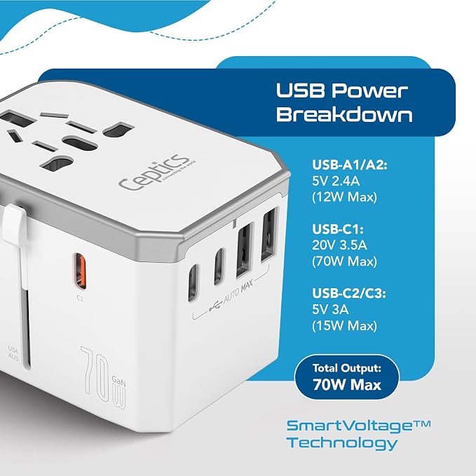 Ceptics 6 in 1 Universal Travel Adapter with PD 70W USB-C and 2X USB-A and 2X USB-C 3A, Universal Charger with QC 3.0 for US/EU/UK/AU, Universal Power Adapter with Type I C G A Outlets | 6 in 1 International Power Adapter for USA, EU, UK, AU & more, Ty...